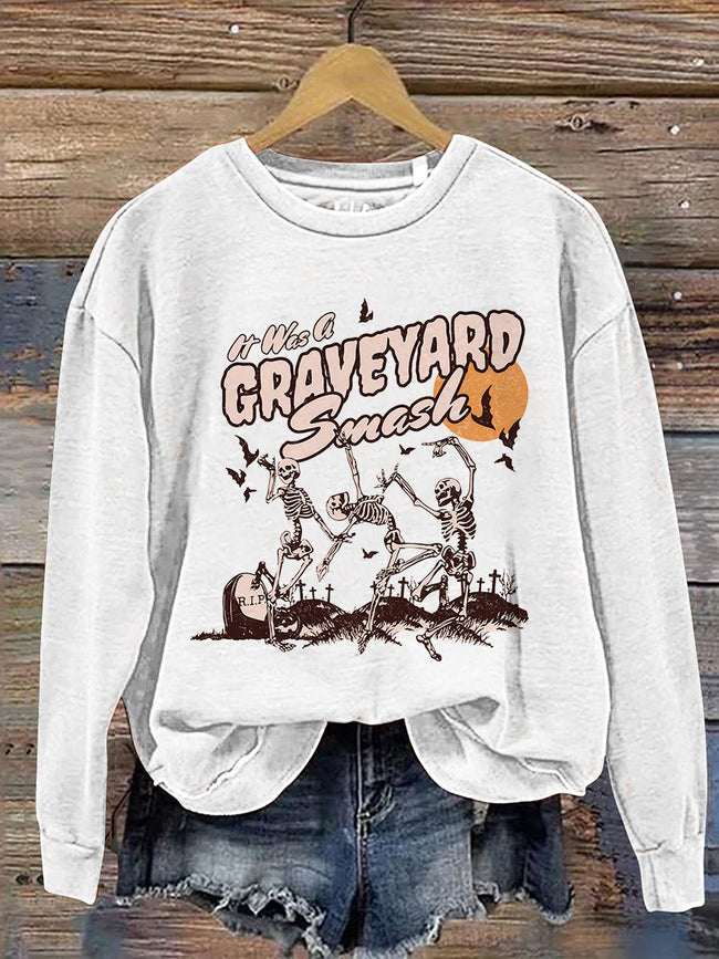 Retro Skeleton Halloween Casual Print Sweatshirt