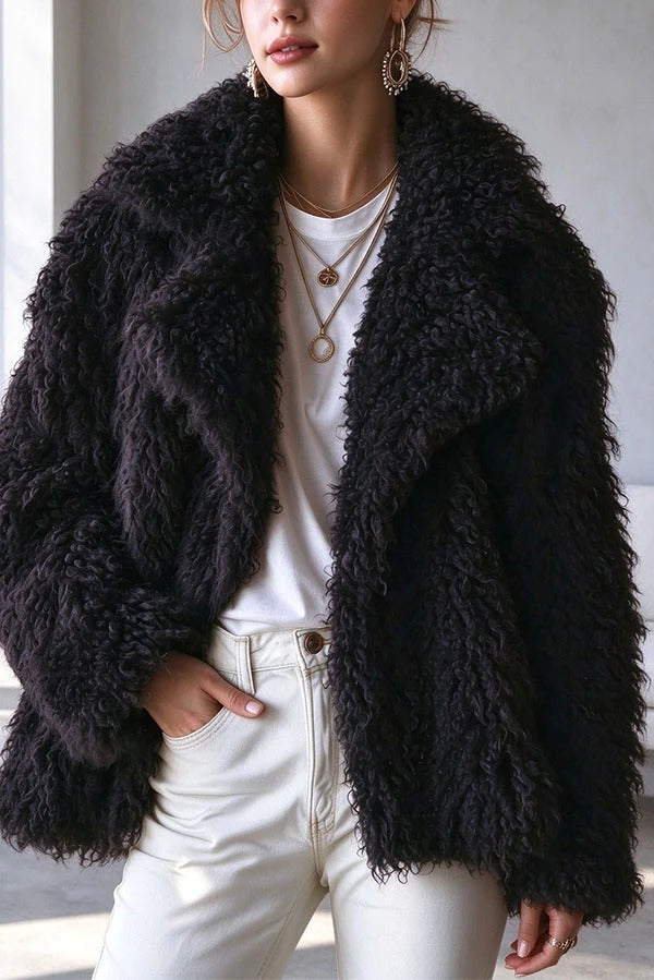Warm Winter Teddy-style Curly Plush Long Sleeve Lapel Coat