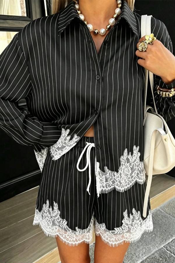 Anna Lace-trimmed Striped Shirt and Shorts Set