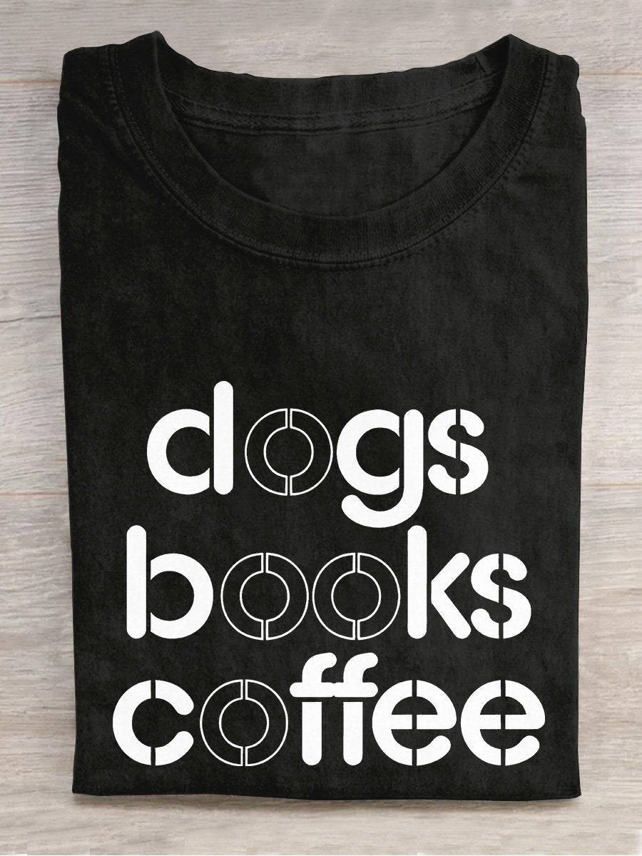 Dog Book and Coffee Casual Print T-shirt