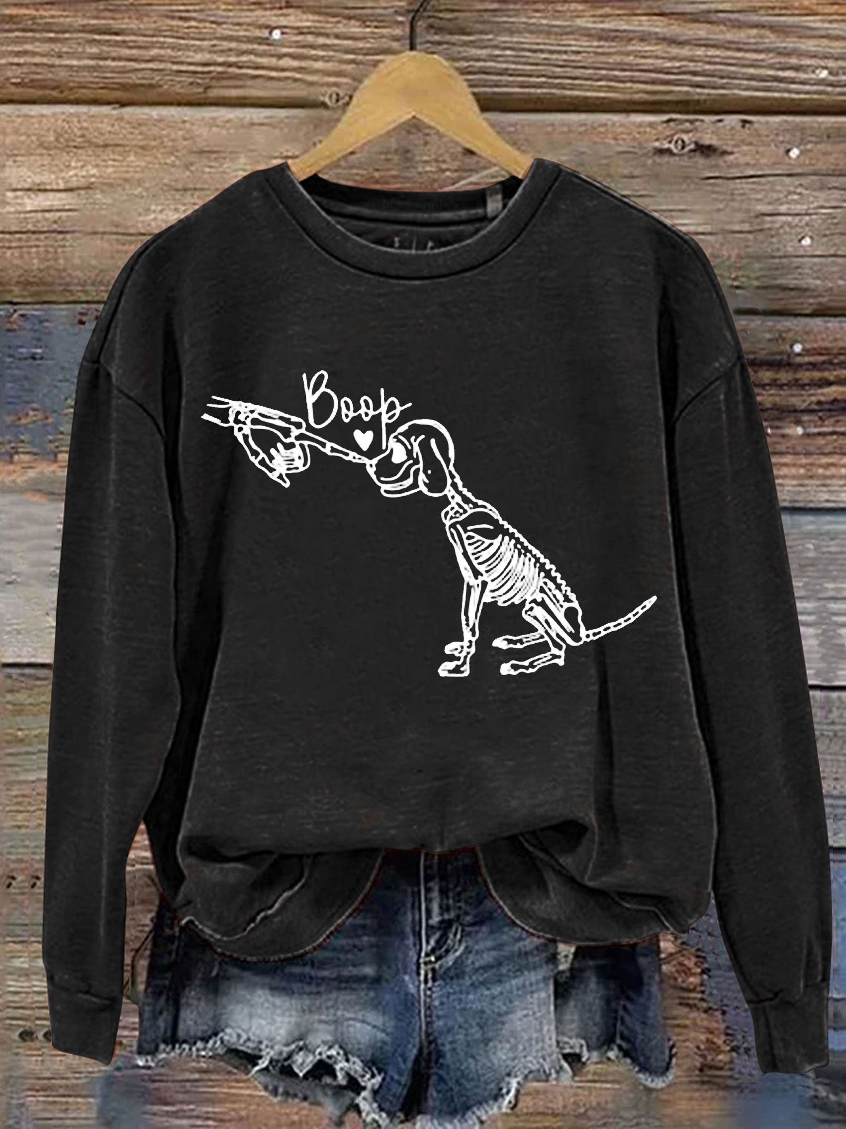 Retro Cute Skeleton Hand Boop Dog Funny Halloween Print Casual Sweatshirt