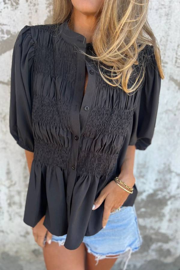 Stand Collar Smocked Puff Short Sleeve Peplum Blouse