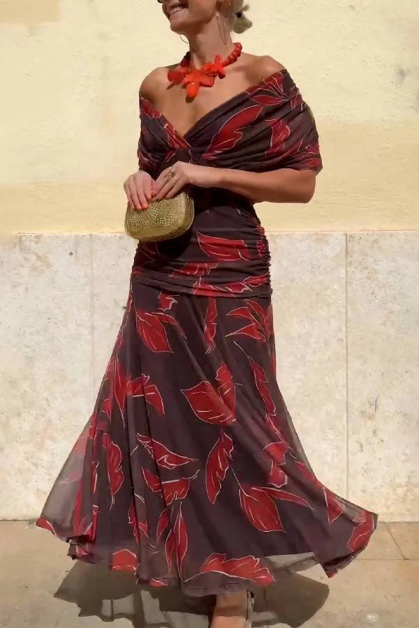 Elegant Off-Shoulder Ruched Leaf Print Maxi Dress