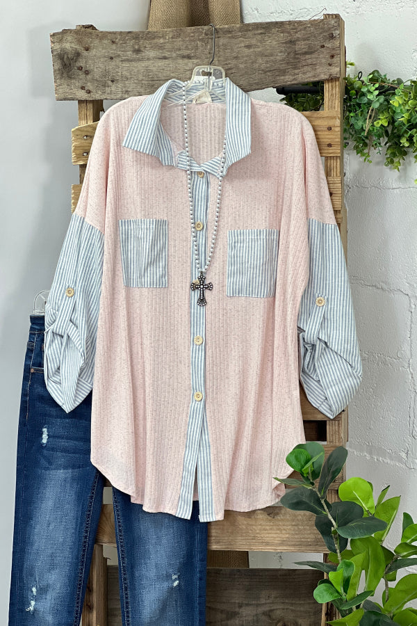 Chemise rayée avec col en coton, manches longues, poches devant, chemise rayée color block