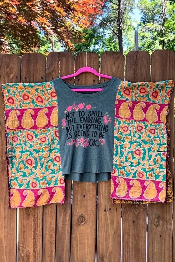 Positive Slogan Paisley Patchwork Batwing Crop Top