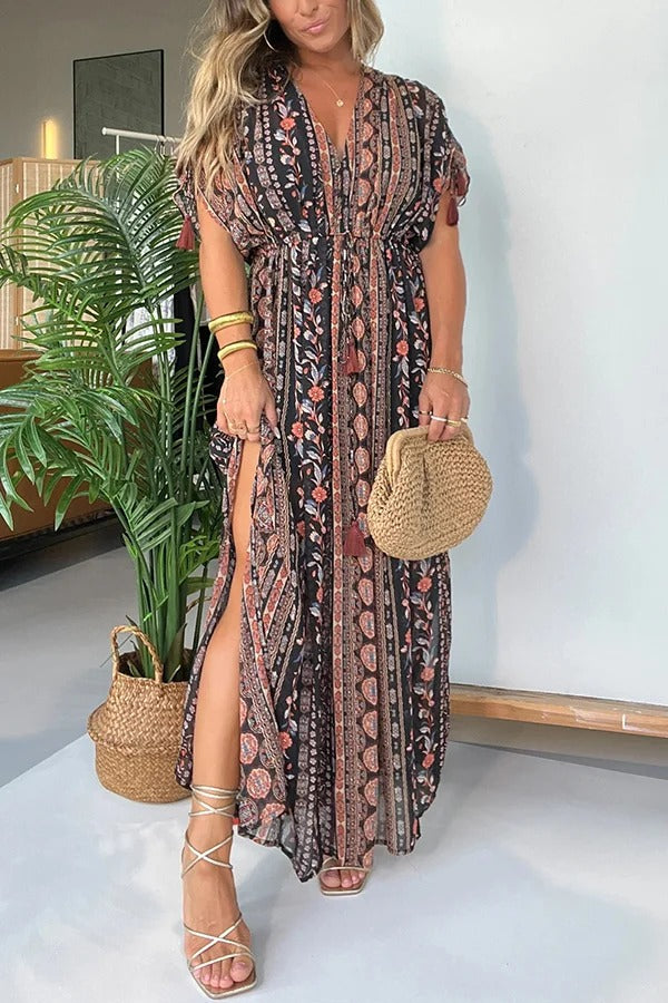 Ethnic Style Unique Print V-neck Loose Maxi Dress