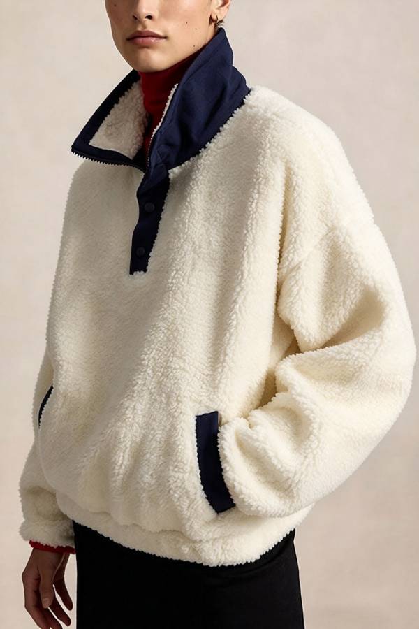 Cute Bear Print Colorblock High-Pile Fleece Zipper High Neck Long Sleeve Pocket Sweatshirts