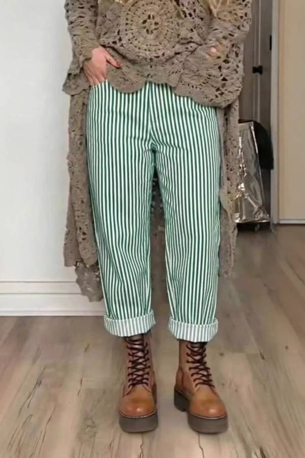 Striped High-Waisted Rolled-Hem Loose Straight-Leg Cropped Pants