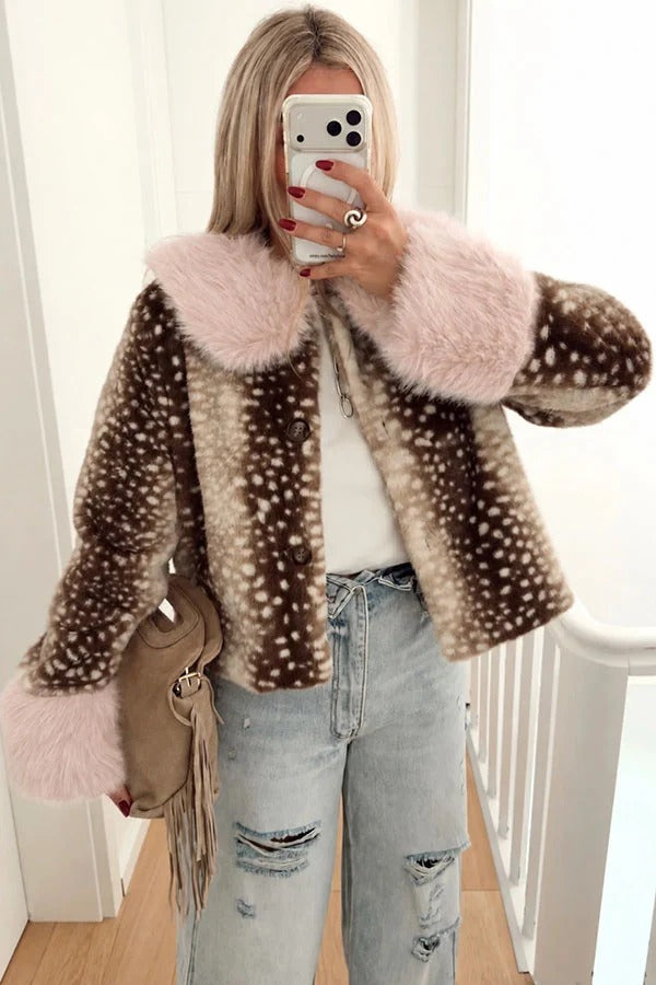 Trendy Faux Fur Spotted-Print Colorblock Furry Collar Button Up Loose Coat