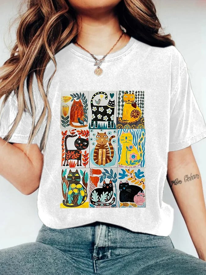T-shirt décontracté à imprimé chat pour femme