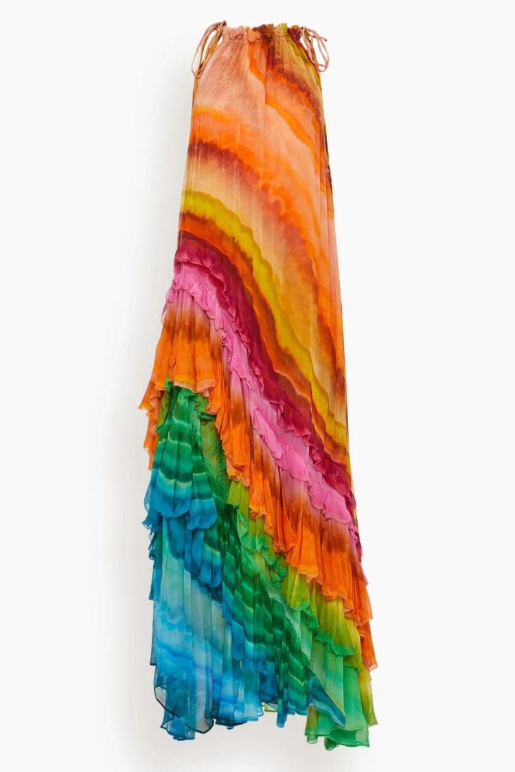 Rosha Georgette Crepe Tie-dye Print Layered Ruffles A-line Maxi Dress