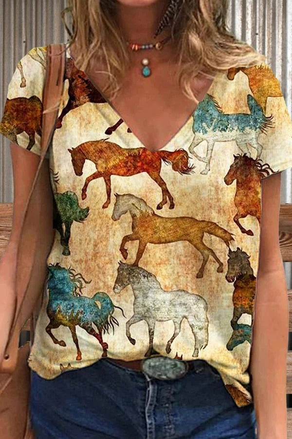 T-Shirt mit V-Ausschnitt und Vintage-Print