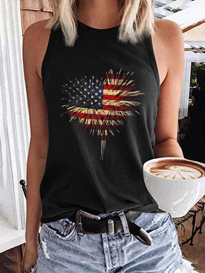 Women's Independence Day Retro Love Fireworks Flag Print Casual Vest
