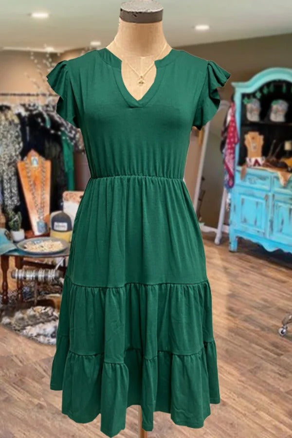 Solid Split Neck Flutter Sleeve Dress