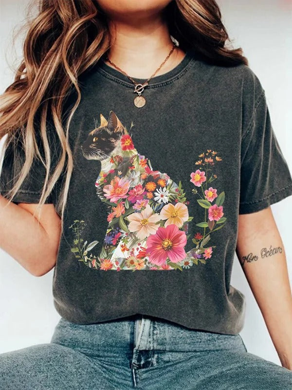 T-shirt imprimé chaton fleuri mignon pour femme