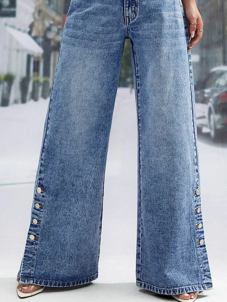 Modische, schlichte, hohe Taille mit Knopfleiste und weitem Bein, lange Hose