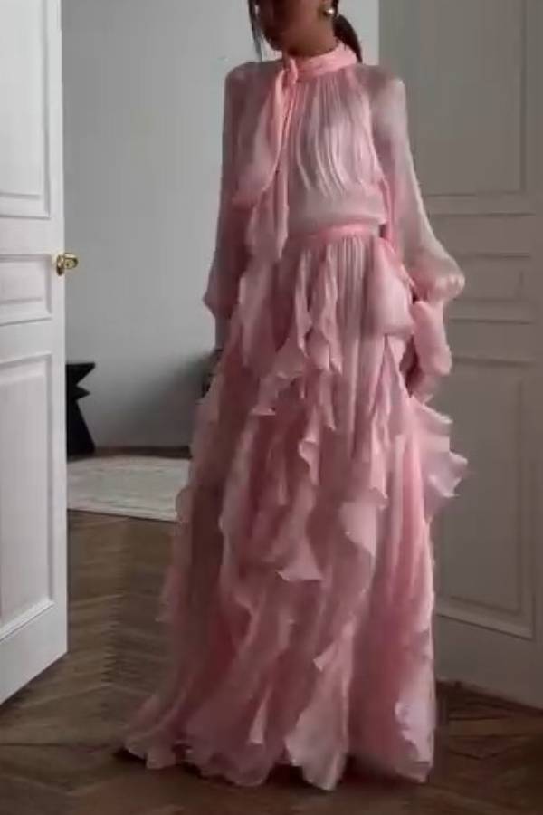 Pink Stand Collar Tie Ruffled Chiffon Long Evening Dress