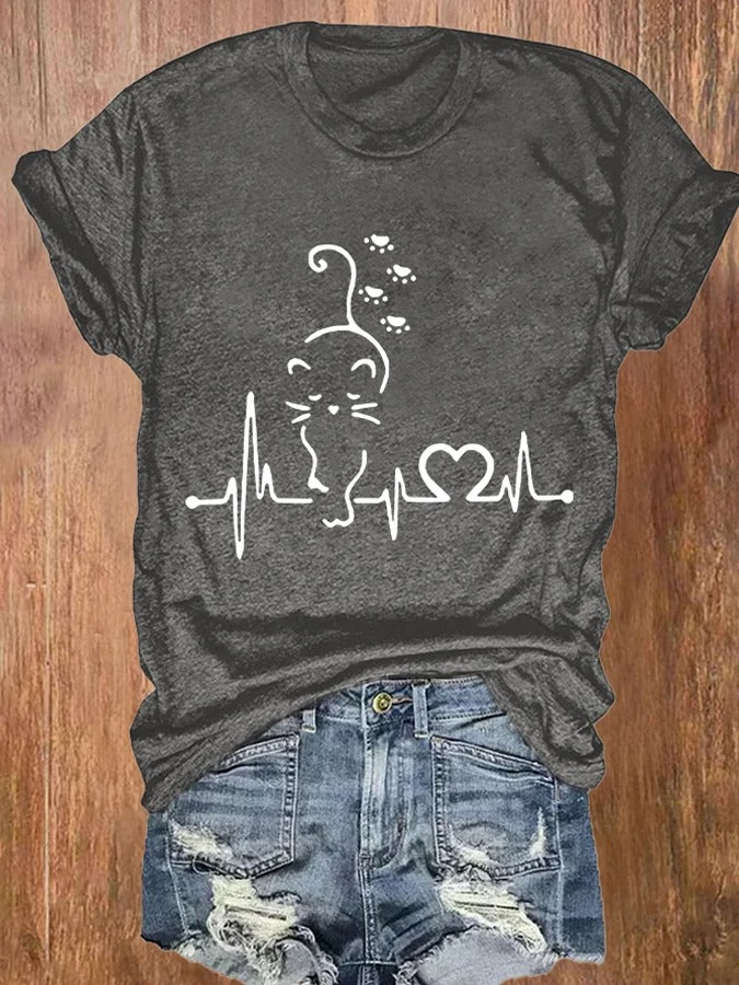 T-shirt imprimé chatons et battements de cœur pour femme