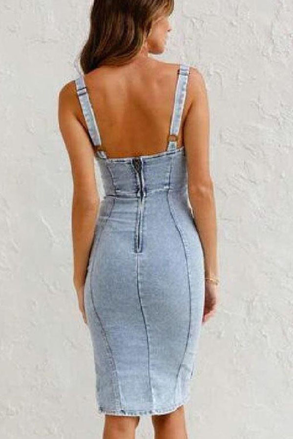 Robe midi en denim extensible et à bretelles réglables, fermeture éclair, incontournable de cette saison