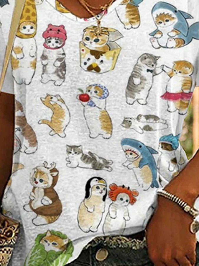 T-shirt décontracté à col en V et imprimé chat pour femme