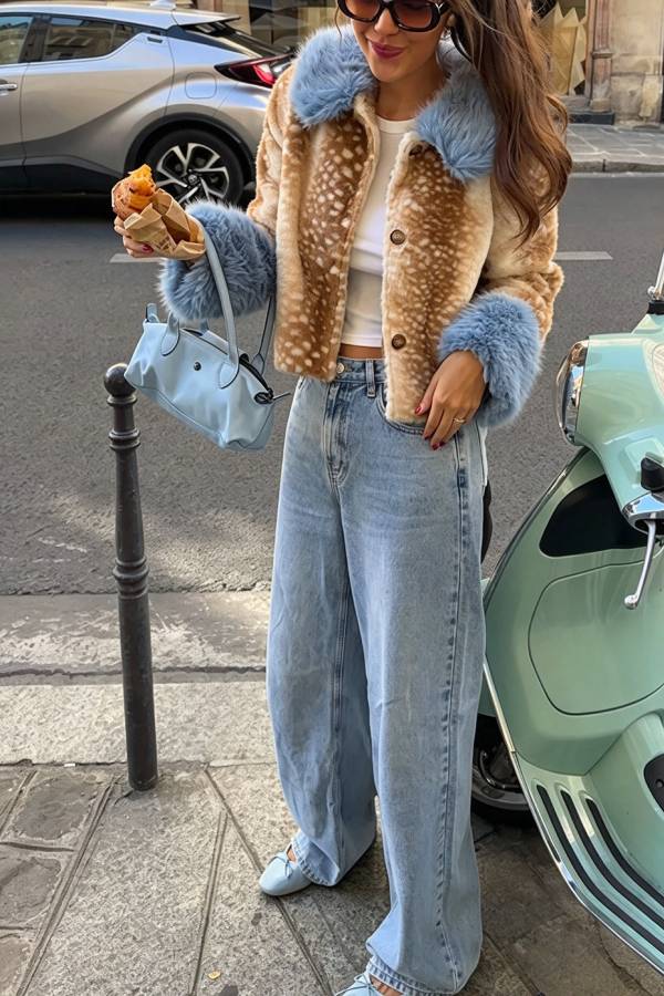 Trendy Faux Fur Spotted-Print Colorblock Furry Collar Button Up Loose Coat