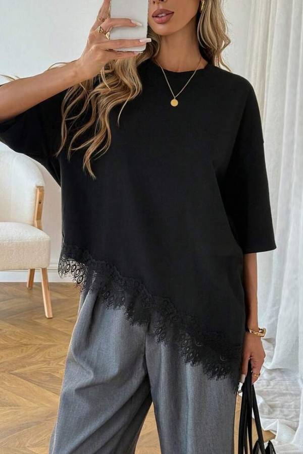 Asymmetrical Lace Hem Mid Sleeve Loose T-Shirt