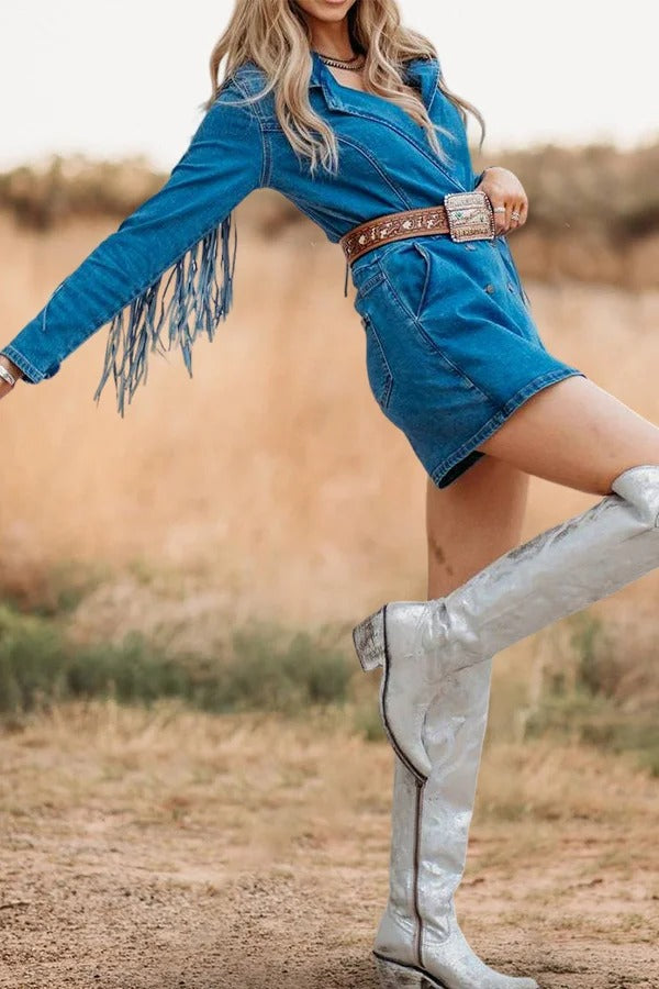 Vintage gewaschenes Jeanskleid mit Quastenrevers