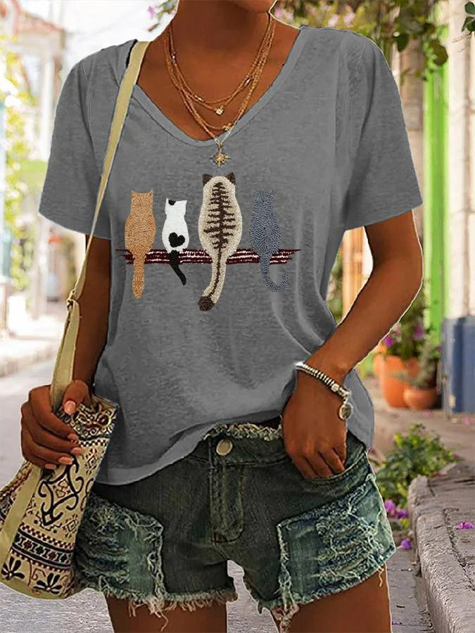 T-shirt col V à imprimé chat pour femme