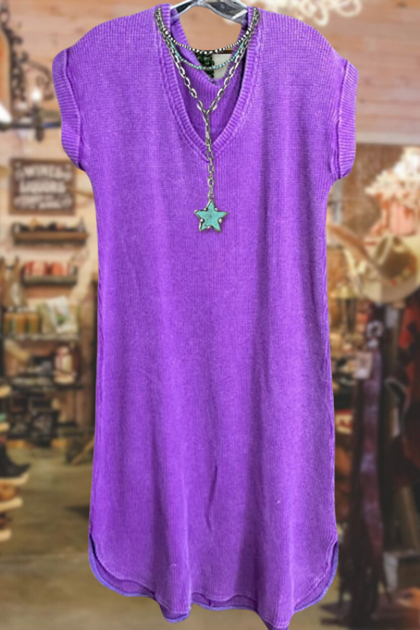 High Low Hem Waffle Knit V Neck Dress