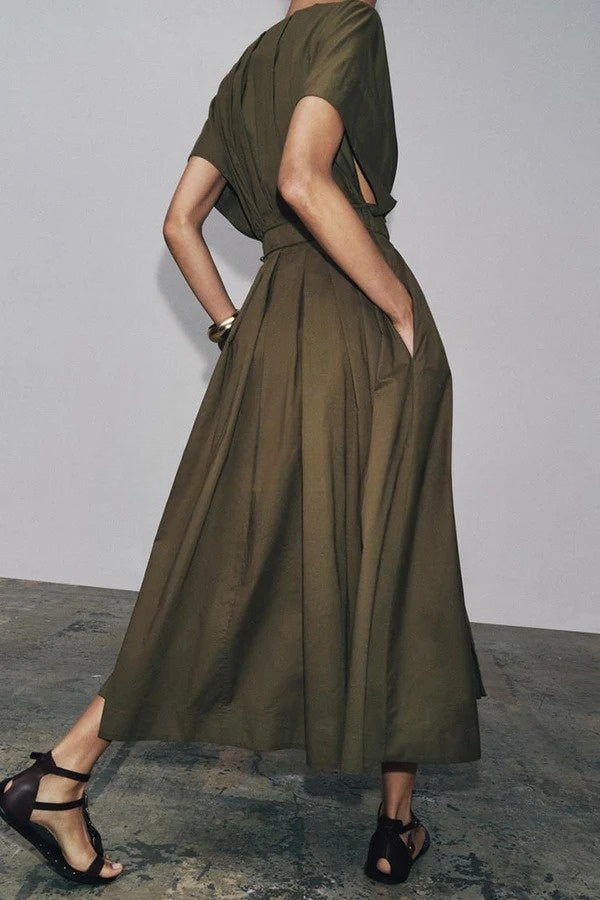 Casual Times Pleated Drop Sleeve Lace-up Pocketed Midi Dress