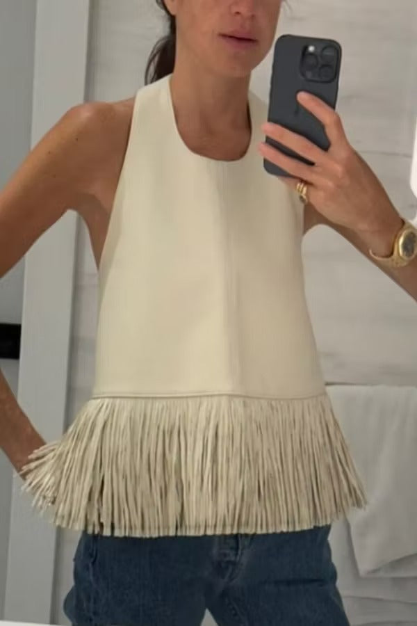 Stylish Halter Neck Sleeveless Leather Tassel Loose Top