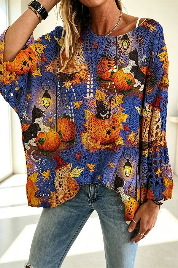 Halloween Pumpkin & Bat Hollow Out Knit Oversized Sweater