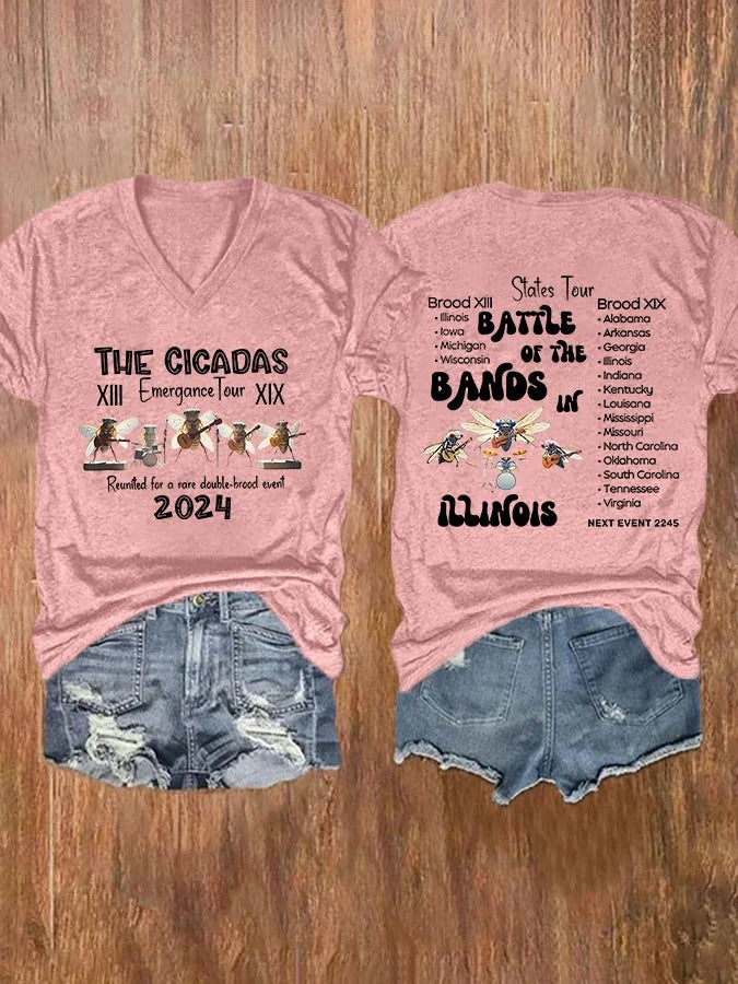 Women's The Cicadas Reunion Summer Tour Print V-Neck Casual T-Shirt