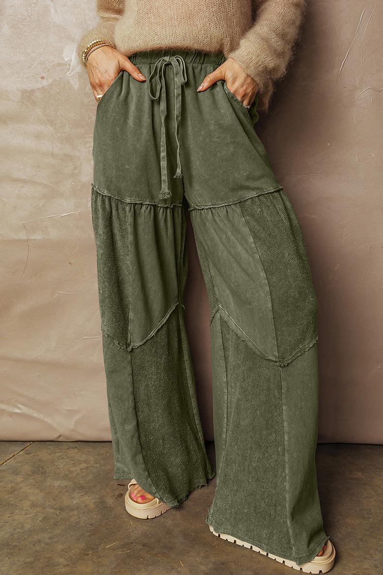 Washed Patchwork Drawstring Wide-Leg Pants