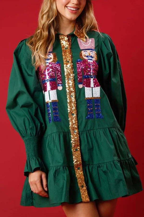 Colorful Sequin Nutcracker Pacth Long Sleeve Dress