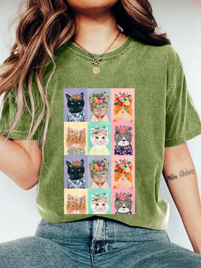 T-shirt décontracté à imprimé chat pour femme