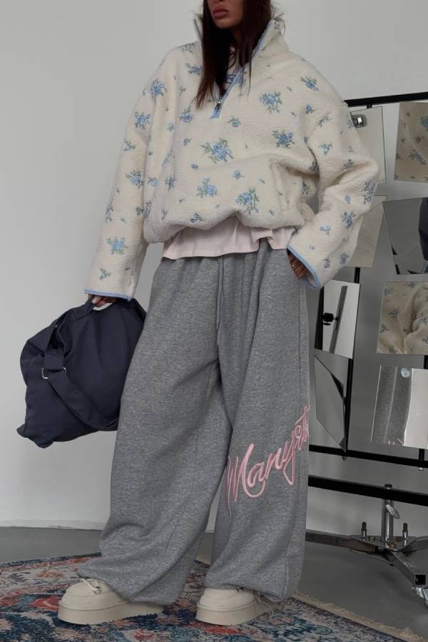 Blue Rose Floral Half Zip Sherpa Fleece Cropped Jacket