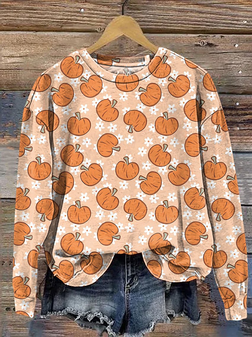 Halloween Pumpkin Daisies Casual Print Sweatshirt
