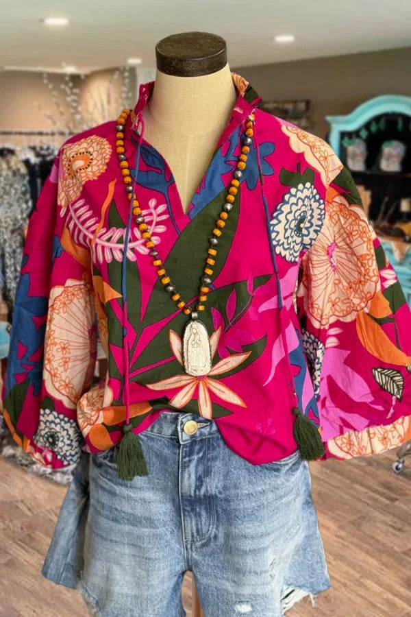 Multi Floral Print Collared Bubble Sleeve Top