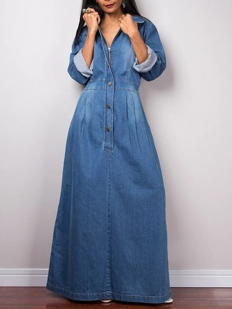 Robe longue décontractée en denim délavé avec col à revers boutonné
