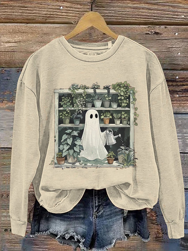 Ghost Plant Lady Halloween Plants Casual Print Sweatshirt