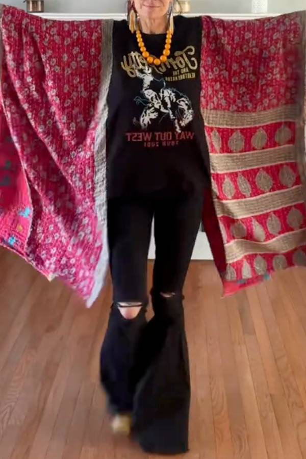 Red Ethnic Print Long Kimono Cardigan
