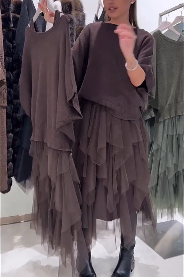 Erini Knit Batwing Sleeve Sweate and Layered Ruffle Mesh Tank Midi Dress Two Pieces Set