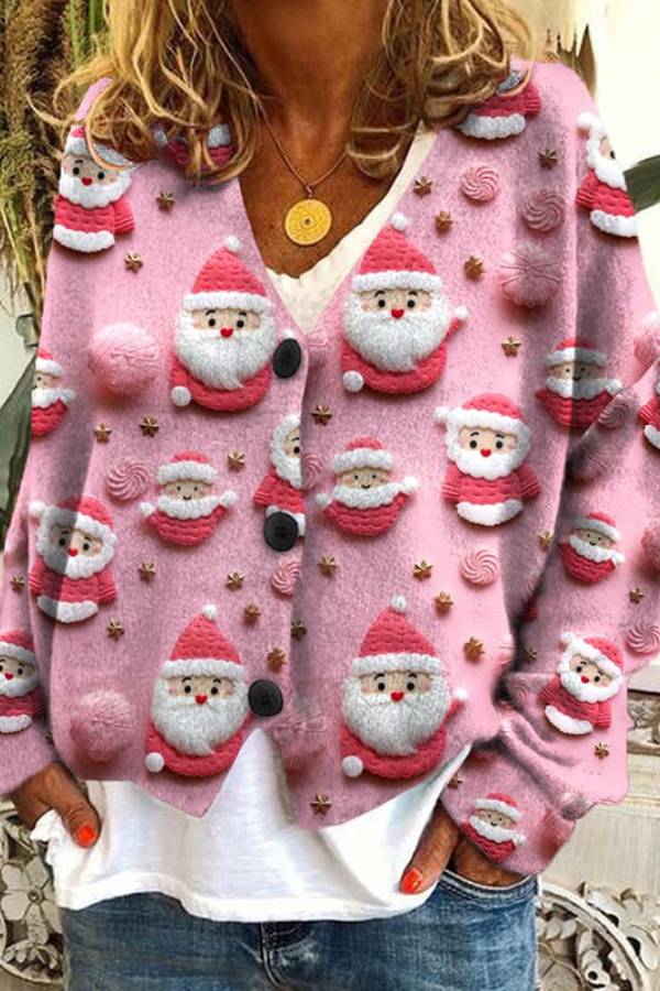 Christmas-themed V-neck single-breasted loose-fitting knit cardigan