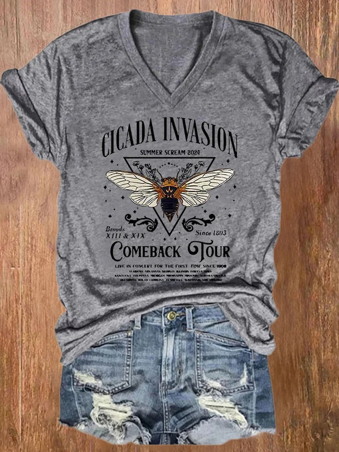 Women's Cicadas Invasion Comeback Tour Print V Neck T-shirt