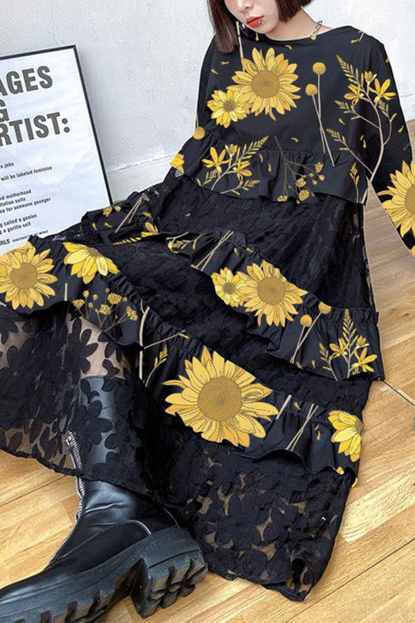 Robes d'automne bohèmes noires à volants en dentelle