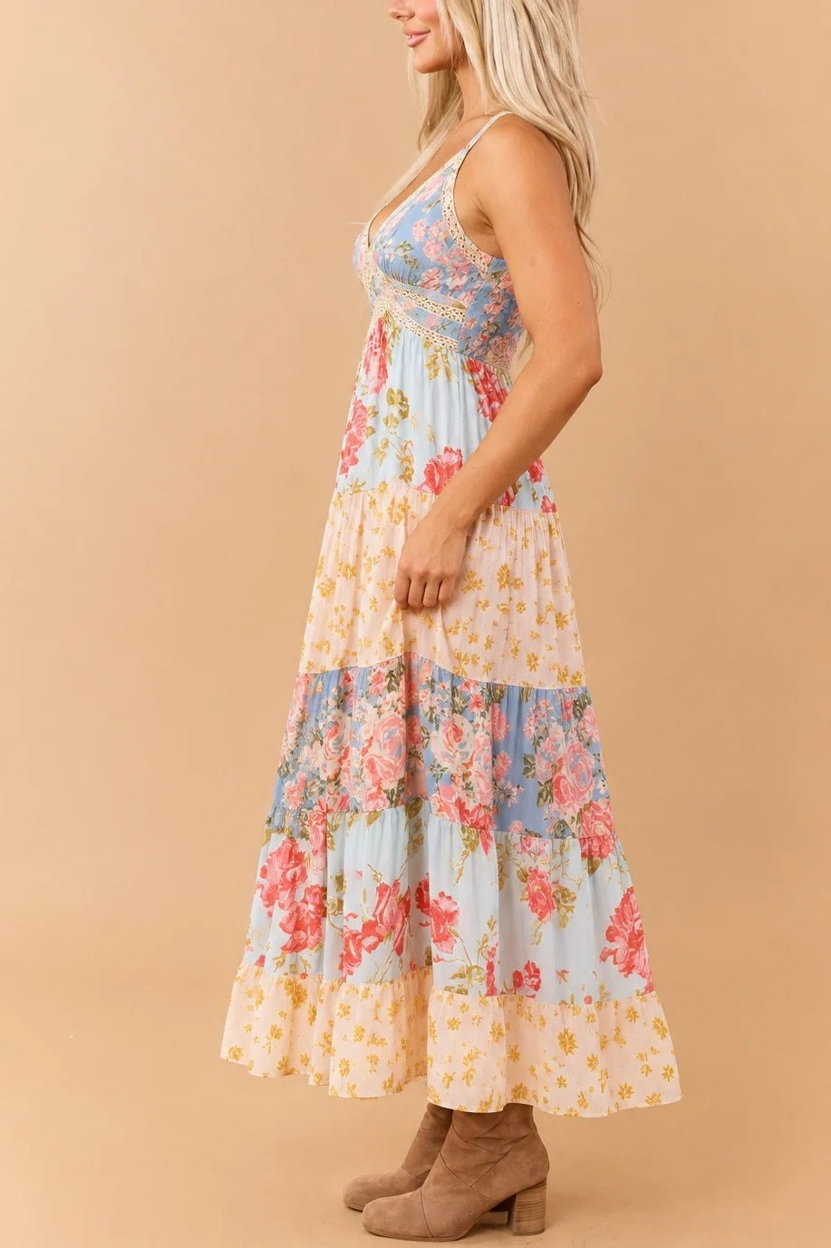 Multicolor Printed Lace Inset Tiered Maxi Dress