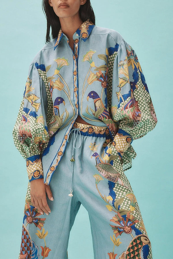 Sun Seeking Unique Heaven Bird Print Balloon Sleeve Button Loose Shirt