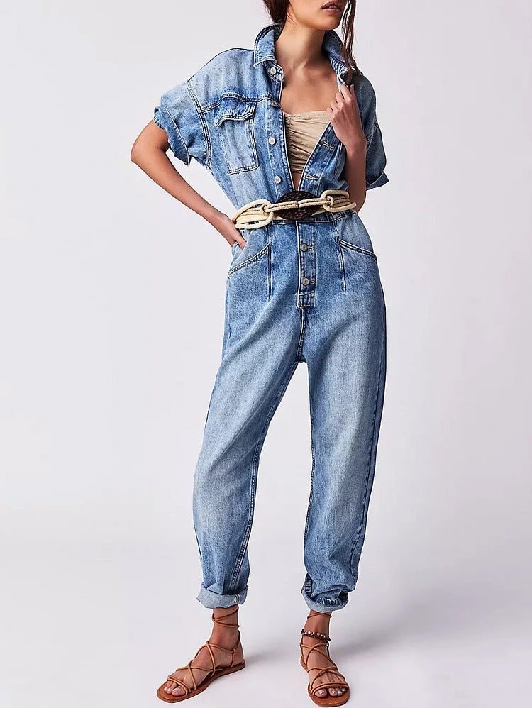 Casual Light Washed Lapel Collar Short Sleeve Denim Jumpsuit