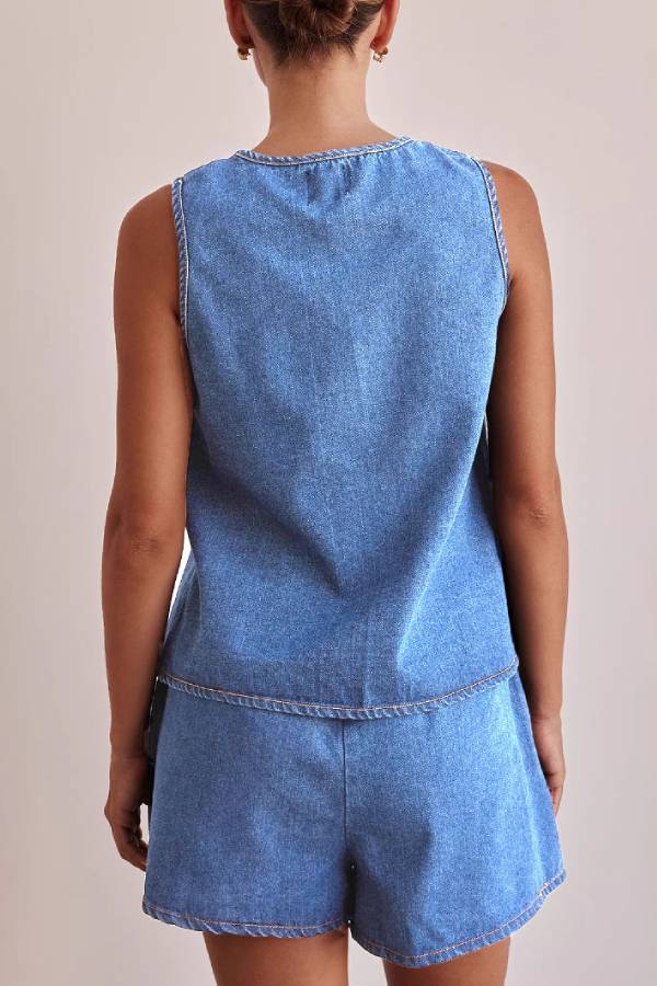 Front Tie Cutout Denim Vest & High Waist Shorts Two Piece Set